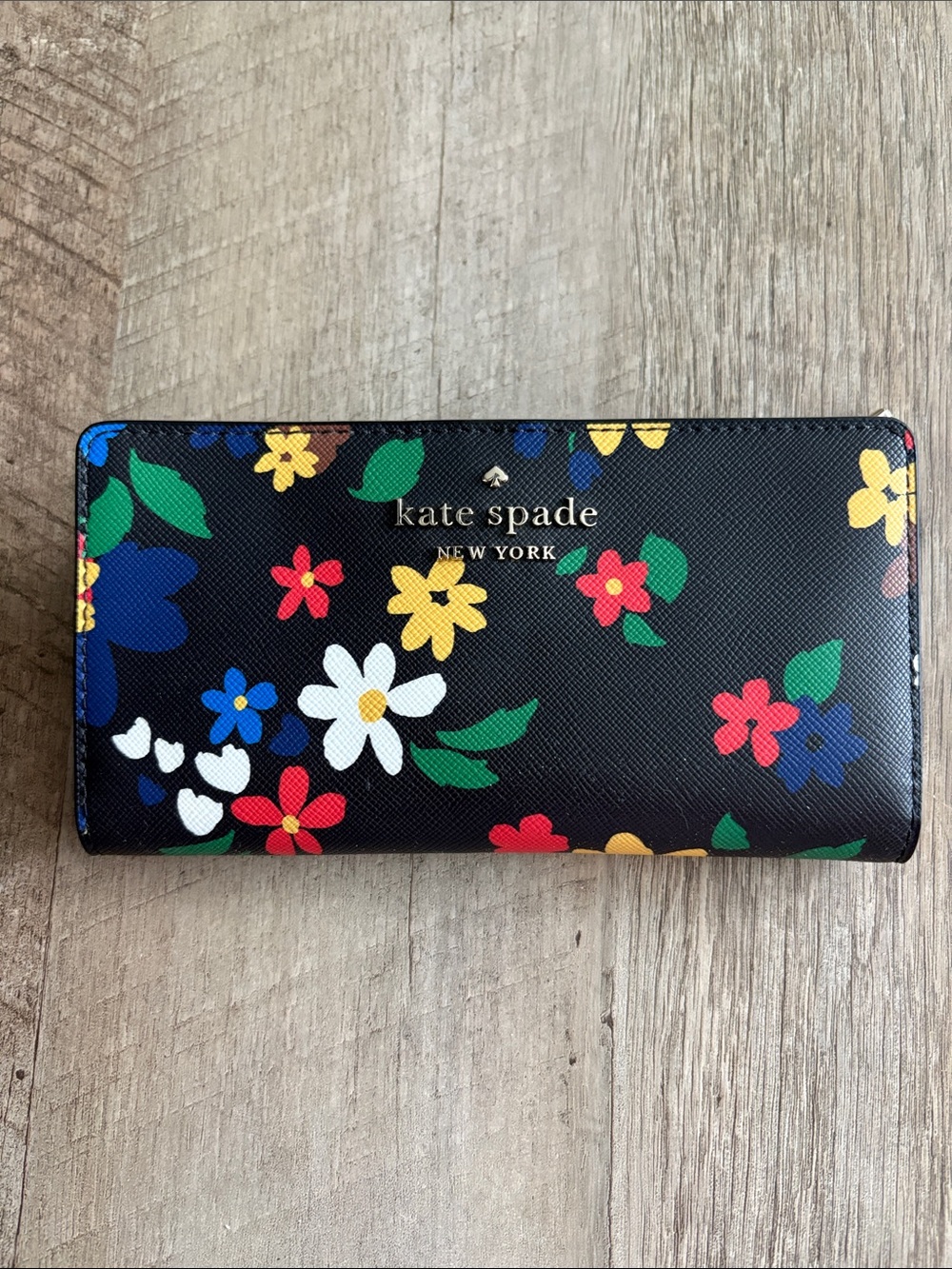 kate spade Black Floral Continental Wallet with Multicolor Flowers 7 x 4